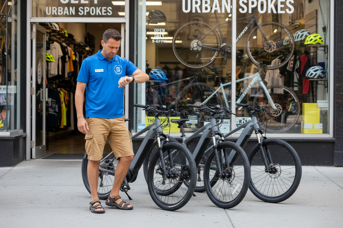Tour guide looks at his watch as he waits for clients who have cancelled late